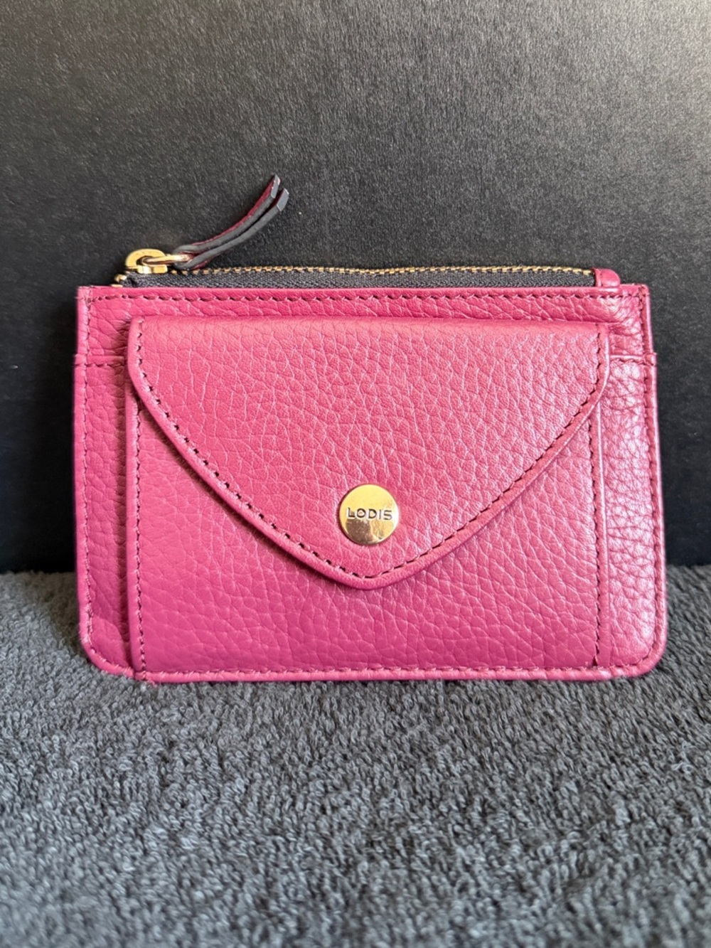 Lodis Fuchsia Leather Card Case with Snap Pocket